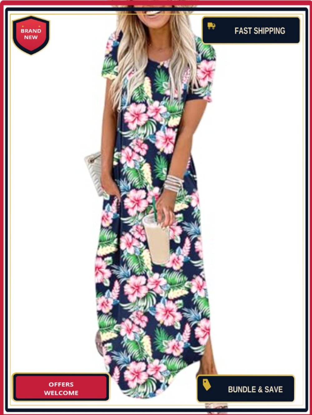 Summer Maxi Dress Short Sleeve Casual Loose Beach Vacation Travel